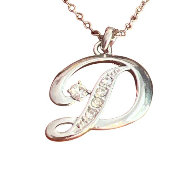 Silver Tone Initial "D" Pendant Necklace Clear Crystal Rhinestone Dainty 15" - Picture 2 of 4